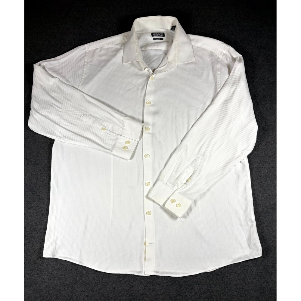 Kenneth Cole Reaction Dress Shirt Mens 17 White Textured Pleated Slim Fit Formal